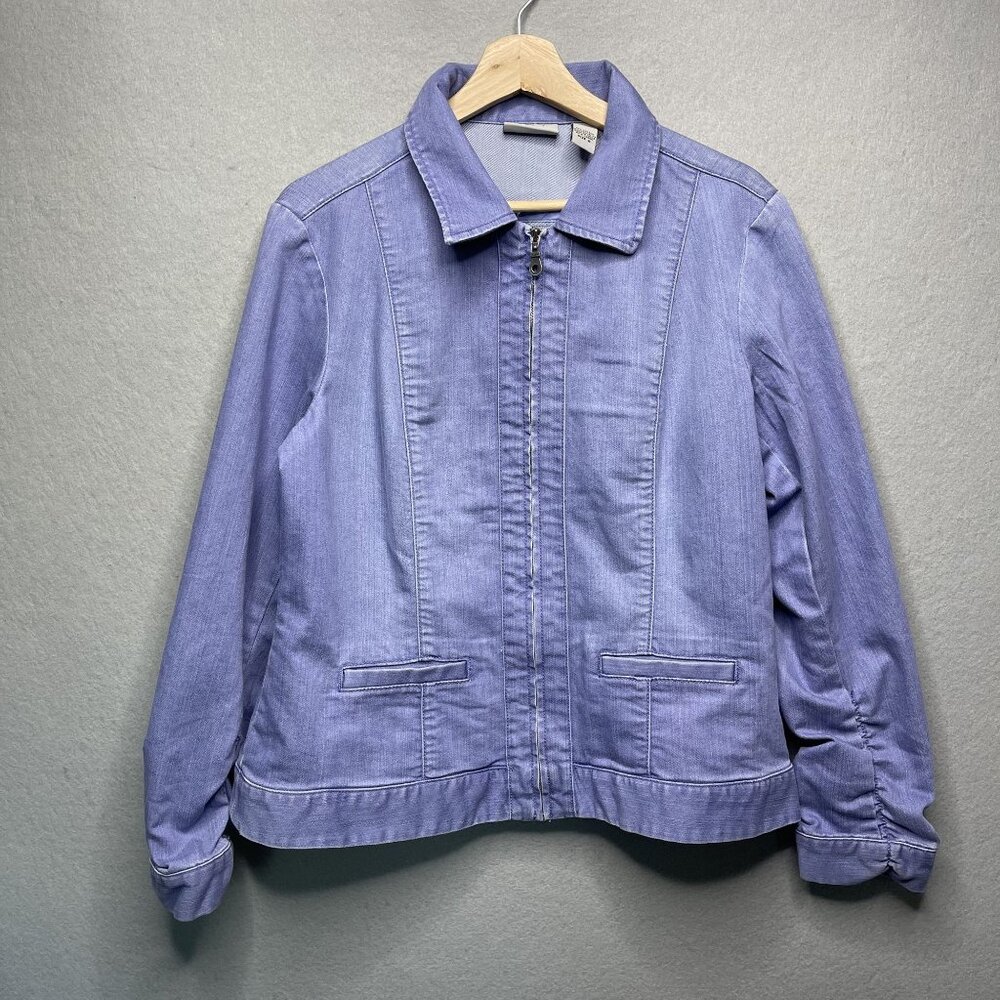 Chicos Platinum Blue Denim Jacket Size 2 With Ruched Sleeves & Button Detail